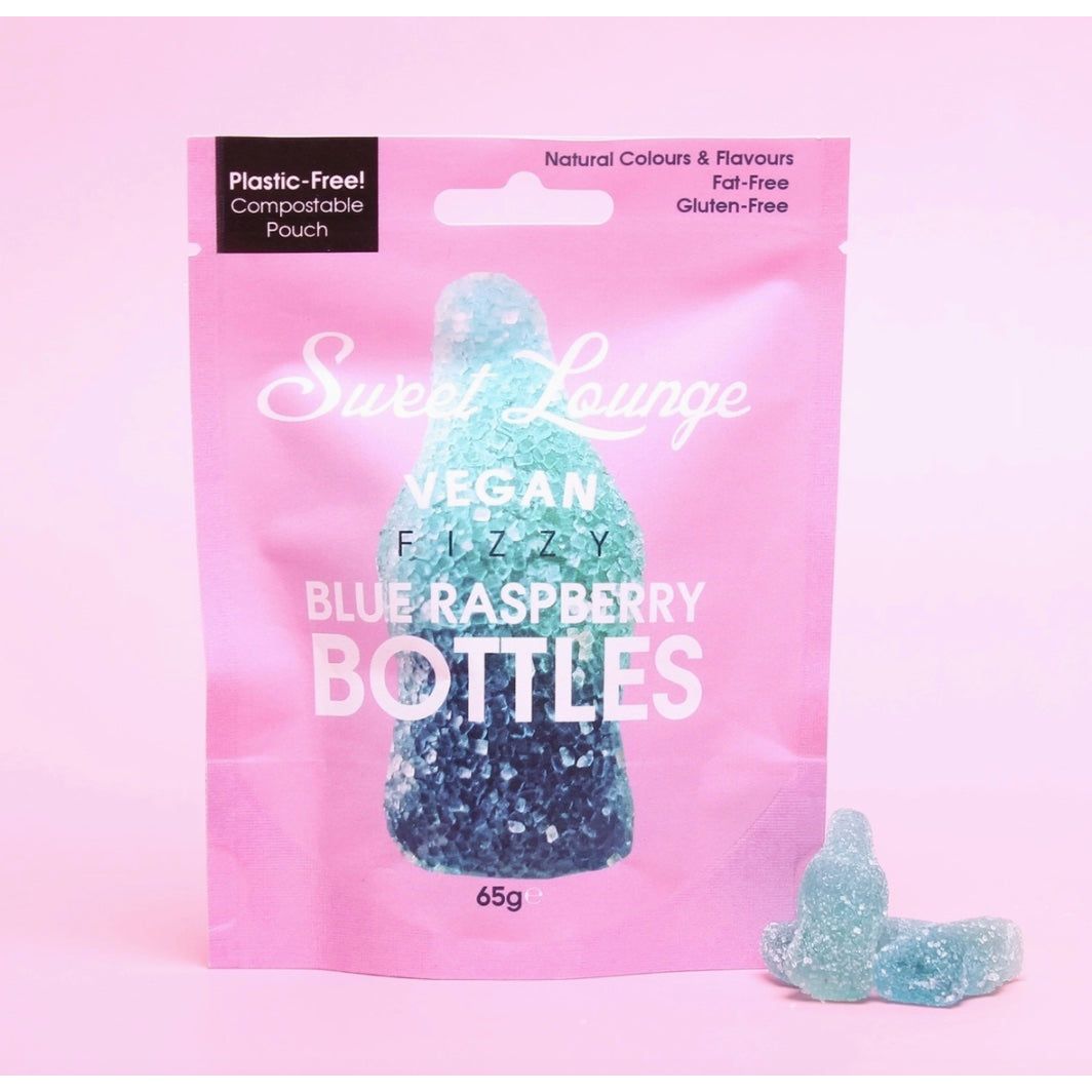 Vegan Fizzy Blue Raspberry Bottles (Plastic-Free) 65g