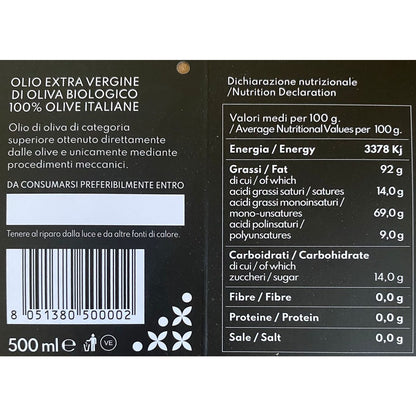 Pure Organic Extra Virgin Olive Oil 500ml - From Italy (Apulia)